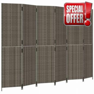 idaXL Grey Poly Rattan Room Divider - 6-Panel Privacy Screen for Indoor & Outdoor Use with Durable Steel Frame & Foldable Desig