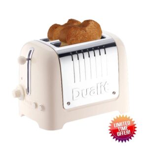 Dualit 2 Slice Lite Toaster | 1.1kW Toasts 60 Slices an Hour | Polished with Canvas White Trim | Bagel & Defrost Settings | 36 mm Wide Slots | 26213