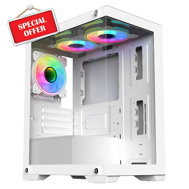 CiT Range White Dual Tempered Glass Panelling Micro-ATX PC Gaming Case with 6-Port PWM Fan Controller and 3 x CiT Celsius Infinity 120mm ARGB Dual-Ring Fans Included