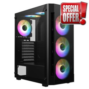 CiT Destroyer Black Mid-Tower PC Gaming Case ATX with 2 x Tempered Glass Panels - 70%/30% Tint On Front & Side Tempered Glass Panels with 6 x Infinity 120mm ARGB Inner-Ring Fans & 6-Port Hub Included