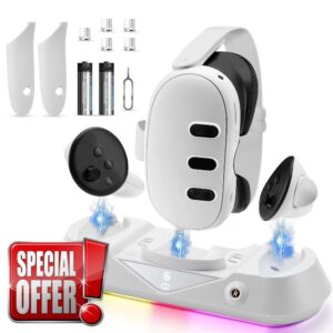 Qynoba Meta Quest 3 Charging Dock VR Headset Charging Stand for Oculus/Meta Quest 3 Magnetic Charging Station for VR Headset and Touch Controllers High Speed Charging Stand with RGB Light 2 Battery