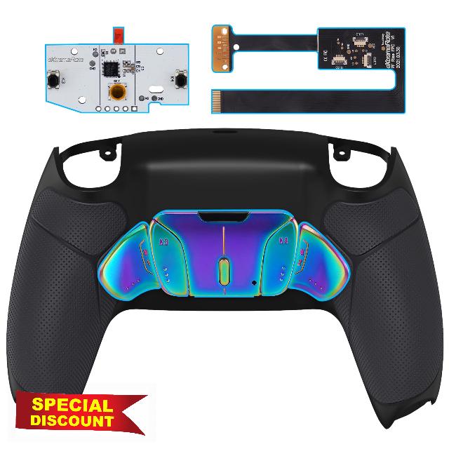 eXtremeRate Rainbow Aura Blue Purple Real Metal Buttons (RMB) RISE4 Remap Kit for PS5 Controller BDM-010 BDM-020 with Black Rubberized Grip Back Shell - Without Controlle