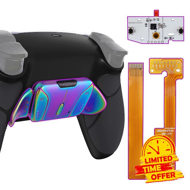 eXtremeRate Rainbow Aura Blue Purple Real Metal Buttons (RMB) RISE4 Remap Kit for ps5 Controller BDM-030 BDM-040 with Black Rubberized Grip Black Back Shell & Buttons - Without Controlle