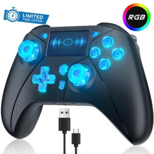 TURPOW Wireless Controller for PS4 RGB Gamepad Remote Control with Dual Motor Vibration/6-Axis Sensor/Turbo/3.5mm Audio Jack/Touch Pad for Ps-3/Ps-4/Pro/Slim/S-witch/PcBlack