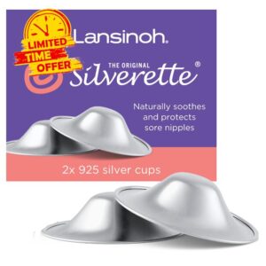 Lansinoh Original Silverette Nipple Cups - 925 Sterling Nickel Free Silver Nipple Shields for Breastfeeding - Naturally soothes and Protects Sore Nipples Breast Feeding - Postpartum Essentials