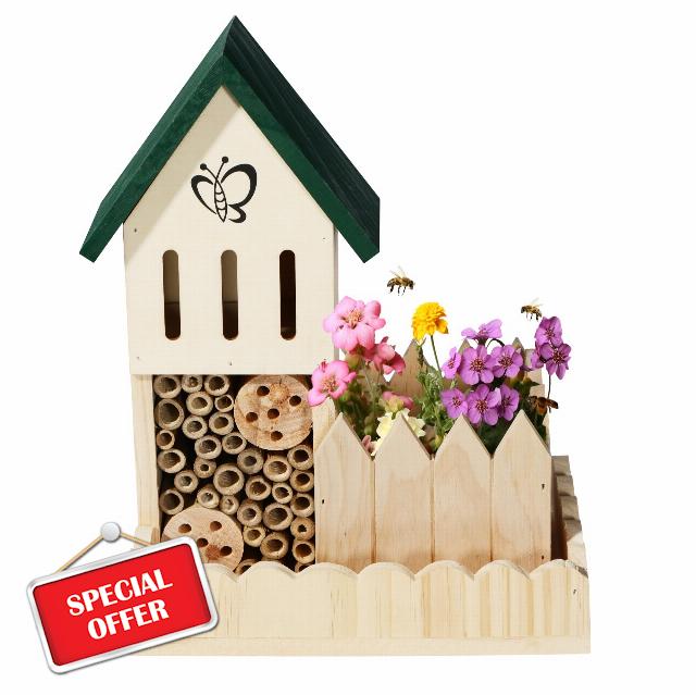 Navaris Wooden Insect Hotel with Planter Box - 8.7 x 5.9 x 11.4 Inches (22 x 15 x 29 Centimeters) - Wood House Nesting Habitat for Bees