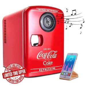 Coke Mini Fridge For Bedrooms 4L Small Fridge 6 Can Table Top Fridge Quiet Mini Fridges Cooler Warmer with Built-In Bluetooth Wireless Speaker For Home Desk Office Food Drinks Kids by Coca-Cola