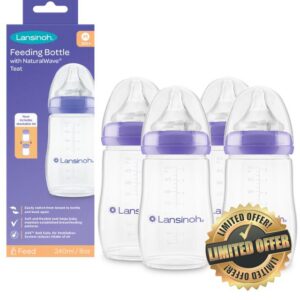 Lansinoh Anti Colic Baby Bottle - 240ml - NaturalWave® Medium Flow Teats Reduces Nipple Confusion + New Stackable Lid Breast Milk Storage Bottles Breastfeeding Bottle Feeding - Baby Bottles 4-Pack