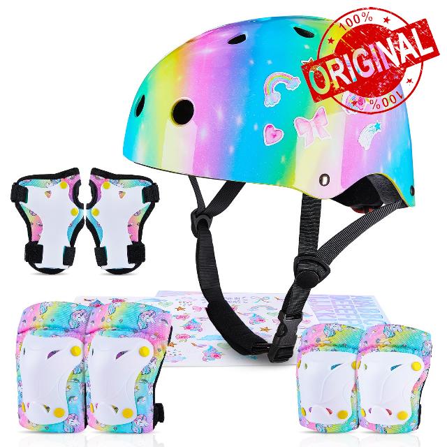 MHJY Kids Helmet and Pads Set with DIY Stickers Girls Bike Helmet Age 3-8 Years Unicorn Knee and Elbow Pads Adjustable Protective Gear for Children Cycle