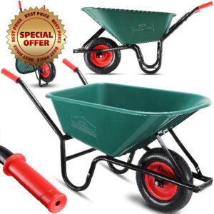 GARDEBRUK® Heavy Duty Garden Wheelbarrow | 100L 150KG | Pneumatic Tyre | Powder Coated Steel Rim | Strong Large Transport Trolley Handcart Wheel Barrow | Green & Black