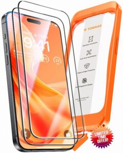 TORRAS [Full Screen Tempered Glass for iPhone 15 Screen Protector [8FT Military Shatterproof] [9H Anti-Scratch] [No Bubbles No Dust] Longest Durable Screen Protector iPhone 15 Glass (2 Pack)