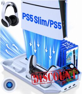 HEYLICOOL Accessories for PS5/PS5 Slim Stand with 3 Level Cooling Fan