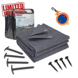 FoundGo Awning Carpet with Eyelets [280g/m² HDPE] Outdoor Camping Carpet Breathable Awning Flooring including Carrying Bag T-Pins Steel Nails & Clothesline Blue/Grey 300x600cm