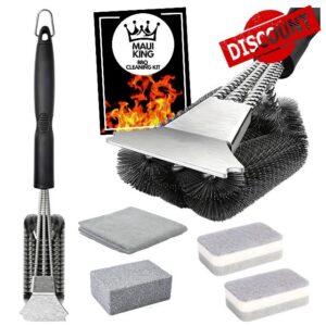 BBQ Cleaning Kit Bundle With Maui King Stainless Steel BBQ Cleaning Brush & BBQ Cleaning Tools Set Containing 2 x Sponge Scourers 1 x Pumice Stone & 1 x Microfiber Cloth