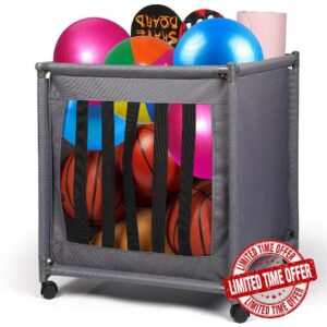 Fittoway Ball Storage Cart Rolling Ball Storage Bin for Balls with Wheels Elastic Straps Basketball Ball Holder Basketball Outdoor Indoo