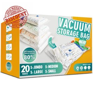 Storage Master Space Saver Bags for Travel and Home Reusable Vacuum Storage Bags Save 80% More Storage Space Work with Vacuum Cleaner + Travel Hand Pump (20 Pack)