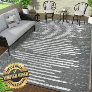 Falflor 150x245cm Reversible Rug for Patios Plastic Outdoor Area Rug Waterproof Outdoor Floor Carpet Plastic Straw Rug Outdoor Rug for RV Backyard Beach Picnic Balcony(Grey)