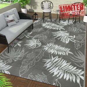 Falflor 150x245cm Outdoor Reversible Rug Waterproof Outdoor Patio Rug Plastic Large Floor Mat Lightweight Indoor Outdoor Rug Carpet Plastic Straw Rug for Camping Deck RV Backyard Picnic (Grey)