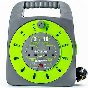 Image of a green and grey 2-socket cable reel with an 18-meter cable length showing handle