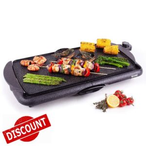 Duronic Electric Griddle GP20 Non-Stick Teppanyaki Grill Pan Large Table-top Breakfast Cooking Plate | 52x27cm | Easy Clean Fat Drip Tray Adjustable Temperature Indoor Portable BBQ (Renewed)