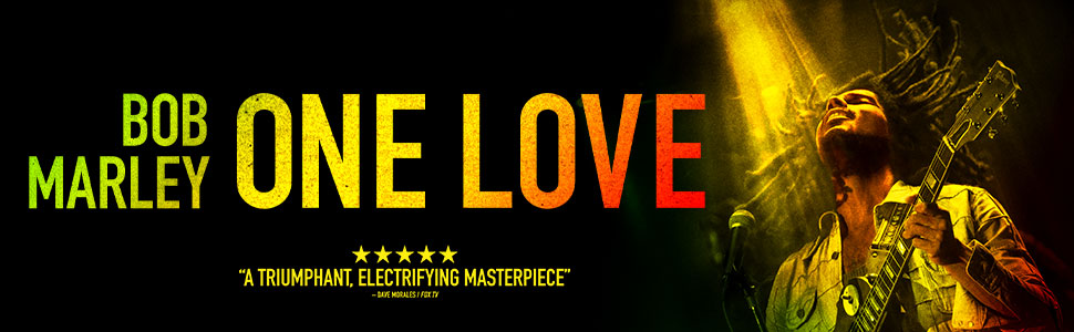 Bob Marley One Love banner that has a review saying