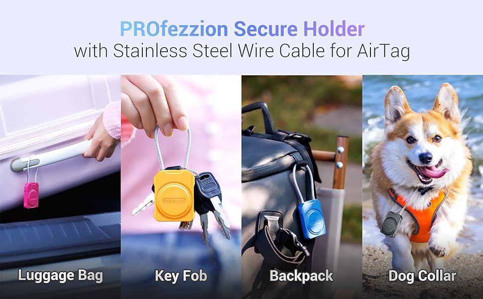 PROfezzion Airtag Holder with Wire Cable, Protective Airtag Case Keychain Dog Collar Kids Suitcase