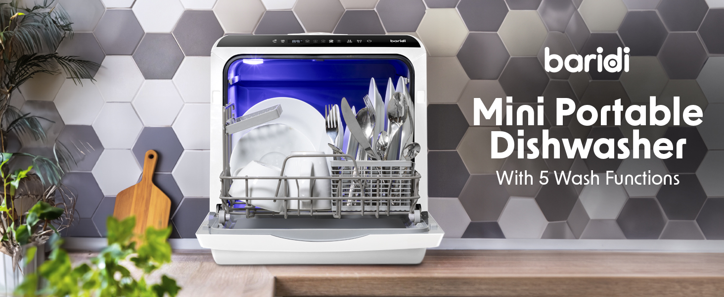 Mini portable dishwasher, tabletop, small, 2-4 place, 5 wash functions, clean plates,