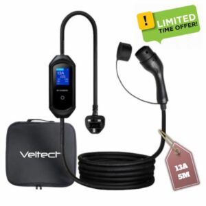 Veltech Portable EV Charger Type 2 to UK 3 Pin | 5 Meters | 6/8/10/13A | 3.3kW | IP65 Waterproof | 2.8" LCD Display | LED Indicators & Carry Bag