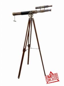 HOMYZ Nautical Antique Brass Floor Standing Double Barrel Telescope Wooden Tripod Floor Stand Marine Adjustable Telescope Navy Maritime Gif