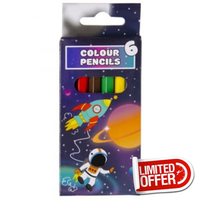 Anila's Themed Mini Colouring Pencils Stickers for Party Bag Fillers & Favours for Kids - 50 Boxes of 6 Space Pencils & 50 Individual Space Stickers.