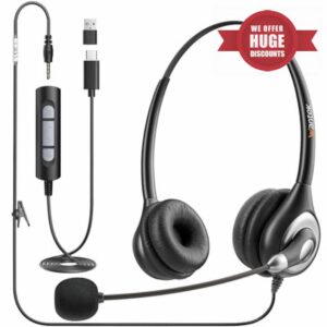 Wantek USB Headset with Microphone for PC Wired Headphones - USB C 3.5mm Headsets with Noise Cancelling Microphone for Laptop - Type-C Computer Headphones with Inline Volume Control & Mute