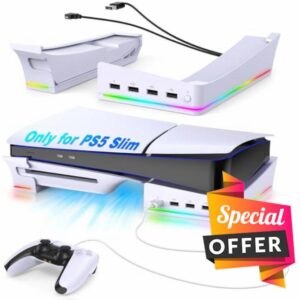 Auarte 2023 RGB Horizontal Stand for PS5 Slim Console Accessories with 14 Light Mode and 4 USB Hubs