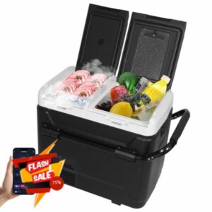 ARTETHYS Camping Fridge 60L Car Fridge Car Refrigerator with APP Control 12V Portable Freezer Dual Zone Compressor -20°C to 20°C with 12/24V DC 240V AC for Camping Travel Caravan RV            [Energy Class E]