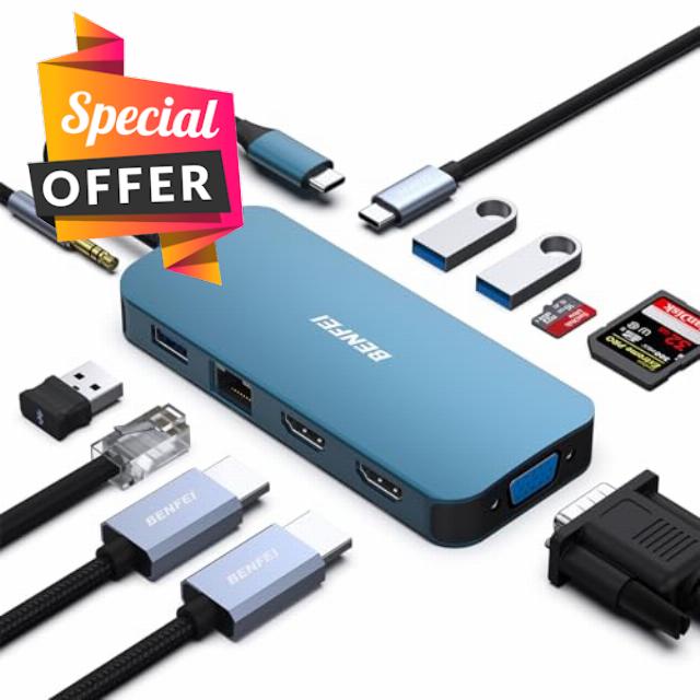 【New For 2024】BENFEI 11-in-1 USB C MST Laptop Docking Station with Silicone Woven Design Cable