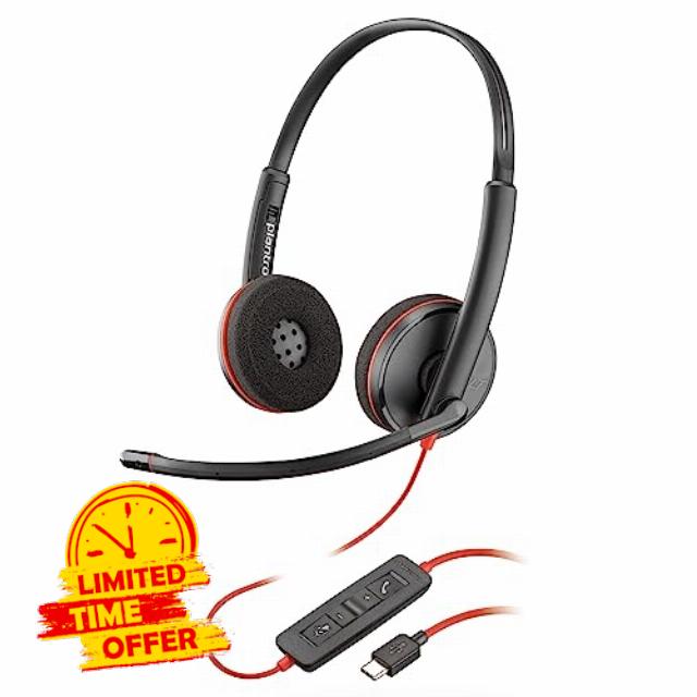 Poly Blackwire 3220 Wired Headset - Noise-Canceling Mic – Stereo Design - Connect to PC/Mac via USB-C or USB-A - Works w/Teams