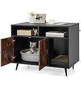 GYMAX Hidden Cat Litter Box Enclosure, Wooden Kitty Washroom Storage Cabinet with 2 Doors and Hol...