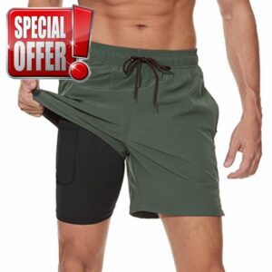Arcweg Men's Swim Trunks Mens Swimming Shorts with Compression Liner Quick Dry Stretchy 2 in 1 Board Shorts with Zipper Pockets