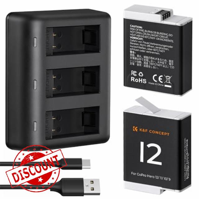 K&F Concept Gopro Hero 12 Battery 2-Pack Enduro Battery and 3-Channel Fast Battery Charger for Gopro Hero 12 11 10 9 Black 1720mAh