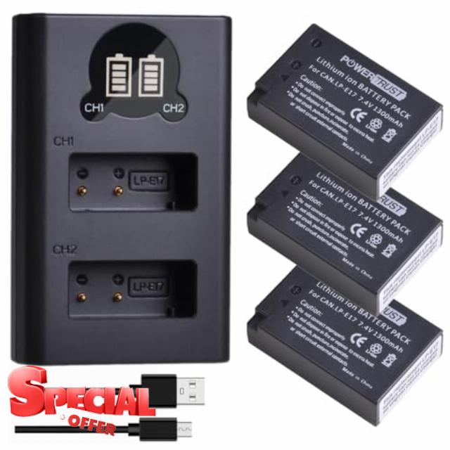 PowerTrust 3Pcs LP-E17 Battery and Charger for Canon EOS 800D
