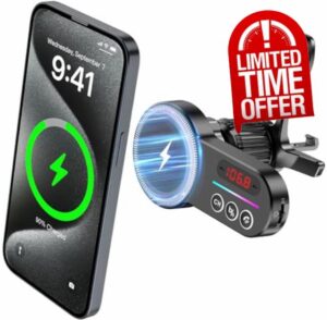 Magift Bluetooth 5.3 FM Transmitter Car Adapter Wireless 15W Fast Charging[for Magsafe] [HiFi Bass Sound] Wireless Radio Music Adapter Compatible with iPhone 15 Pro Plus Max 14 13 12