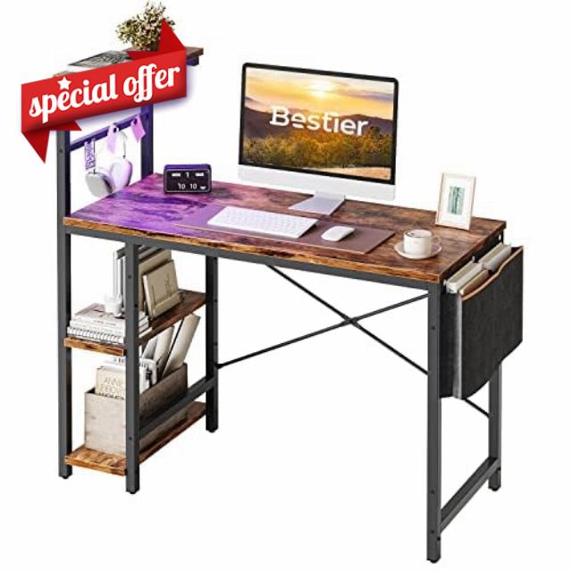Bestier Computer Desk with Shelves Small Corner Desk with LED Lighting 113CM Reversible Computer Desk Writing Table with Side Pocket Storage Bag & Accessories Hanger for Home Office Small Space