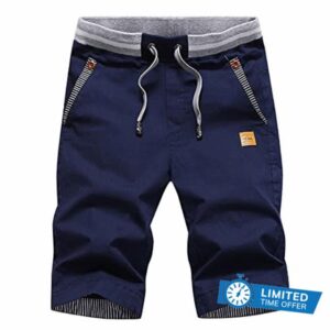 JustSun Mens Summers Cotton Casual Shorts Elastic Waist Pockets