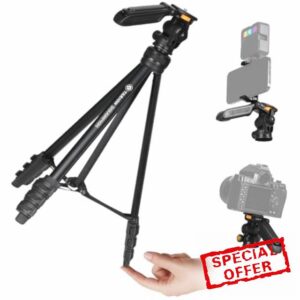 TARION Travel Tripod for Camera & Phone - Lightweight Camera Tripod Stand with Detachable Pan-Tilt Head & Hidden Phone Holder - 55"/139cm Aluminum Tall DSLR Video Tripod for Vlog Photography Squorpio