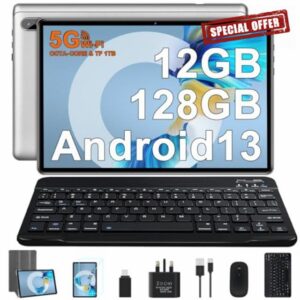 2024 Newest Tablet 10 Inch Android 13 Tablet Octa Core 2.0GHz 12GB RAM 128GB ROM (TF 1TB) | 5G WiFi | Bluetooth 5.0 | 6000mAh | 5MP + 8MP | FHD IPS Display | Tablet with Keyboard Mouse Case - Silve