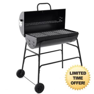 Panana Oil Drum Charcoal BBQ Grill - With Lid Cover - Chrome Plated Steel Cooking Grid - Built-in Temperature Gauge - Warming Rack and Base Wheels - Freestanding Outdoor Oven - Picnic