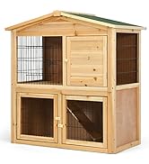COSTWAY Wood Rabbit Hutch, Double Decker Guinea Pig Ferret Cage with Ramp, Waterproof Roof, Outdo...