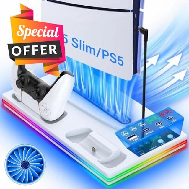 3 in 1 PS5 Stand with PS5 Controller Charging Station and 3 Level Fan