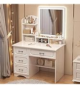 Makeup dressing table with Large Lighted Mirror, Assembled vanity desk Set, 3 Color Lighting Mode...