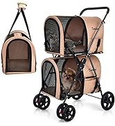GYMAX Folding Pet Stroller, Portable Pet Travel Pushchair with 4 Wheels, Safety Belt, Mesh Window...