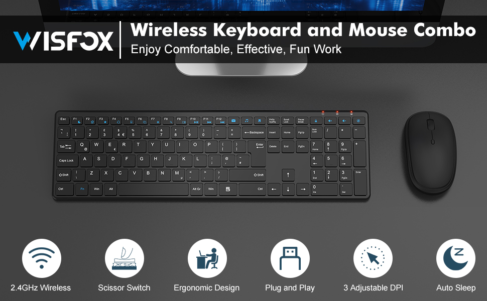 WisFox Ultra Slim Wireless Keyboard and Mouse Combo